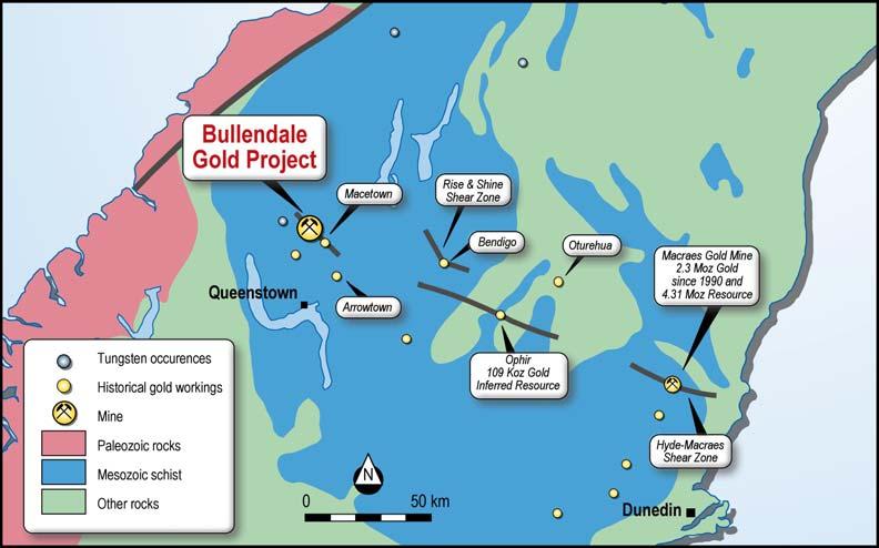 Figure 1: Bullendale project is strategically located within the west east trending shear zone The Bullendale mine, produced gold during the period from 1862 until early 1900 s.