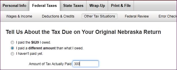7) The next screen will ask you about the original state refund you received or the amount you paid on your original state tax return. See examples below.