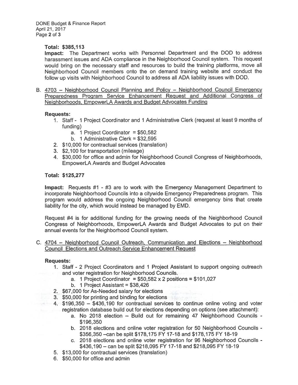 DONE Budget & Finance Report April 21, 2017 Page 2 of 3 Total: $385,113 Impact: The Department works with Personnel Department and the DOD to address harassment issues and ADA compliance in the