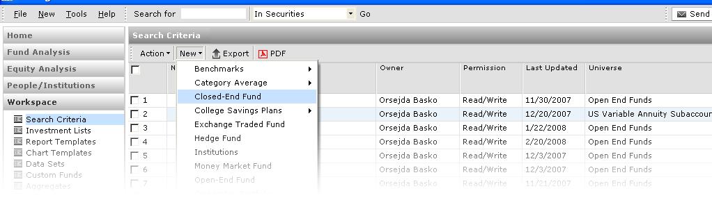 After saving, the search criteria and associated data will reside in the Workspace tab under search criteria; any custom data sets can also be saved and will reside in Workspace under data sets.