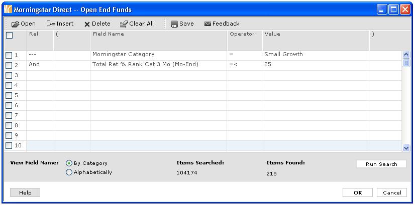 Generating a Peer Group Using Search Criteria Morningstar Direct SM Quick Start Guide 11 Defining Criteria (continued) 4 Move to the second row to add an additional criterion.