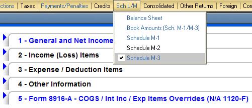 ProSystem fx Tax Preparing Schedule M-3 Example #5 Schedule M 3 Input Override Income and Deduction Enter overrides only for unique situations that are not available in the Business, Interest,