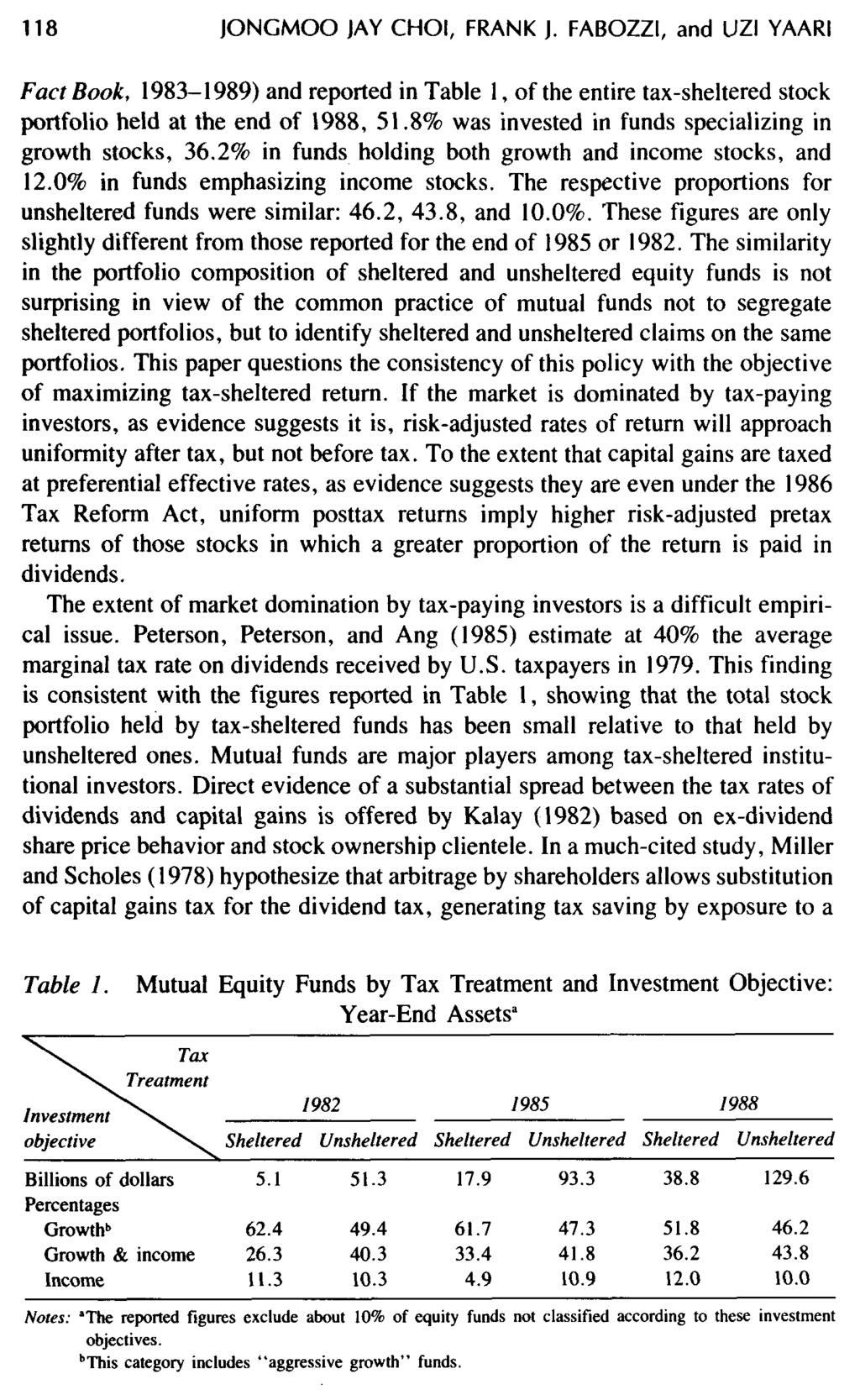 118 JONGMOO JAY CHOI, FRANK J. FABOZZI, and UZI YAARl Fact Book, 1983-1989) and reported in Table 1, of the entire tax-sheltered stock portfolio held at the end of 1988, 51.