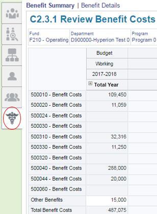 d. Benefit Costs After navigating to the Budget Staff Costs card... 1. Select the Sixth Tab along the left to open the Review Benefits Cost form.