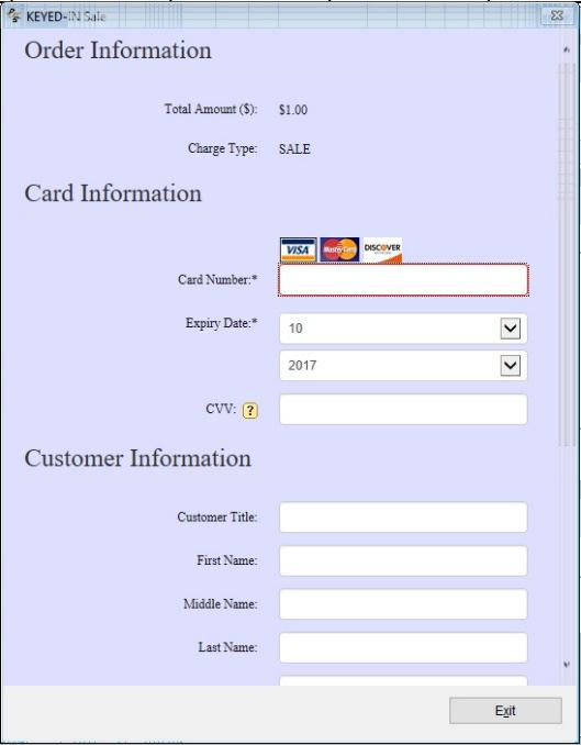 Keyed-In You can process a sale even if you do not have the credit card on file or in hand. It is useful when the patient calls to make a payment or get insurance payment with a virtual credit card.