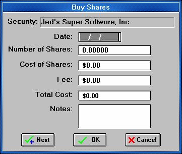 The "Buy Shares" screen. Inputs Date: Enter the date the buy or reinvestment occurred on. Number Of Shares: Enter the number of shares acquired in the buy or reinvestment.