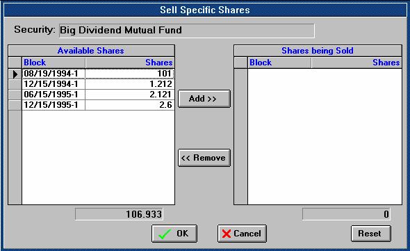 The "Sell Specific Shares" screen. The "Sell Specific Shares" screen has two grids.