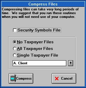 To compress a file, use the File Compress Files... menu item. The "Compress Files" screen will appear: The "Compress Files" screen.