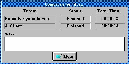 The "Compressing Files..." screen. This screen shows the files that are going to be compressed, their status (in reference to being compressed) and the amount of time it took to compress them.