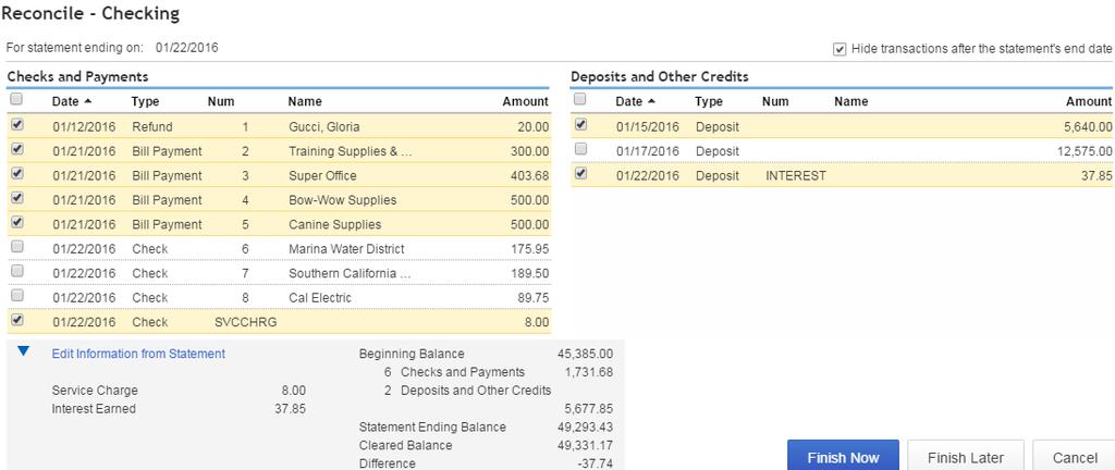 Mark Cleared Transactions 40 Click each item shown on Reconcile Checking screen that is