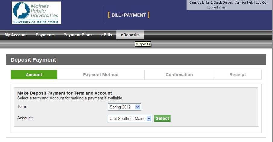 11. To make payment towards a deposit (i.e. Admissions deposit), click on the edeposits tab.