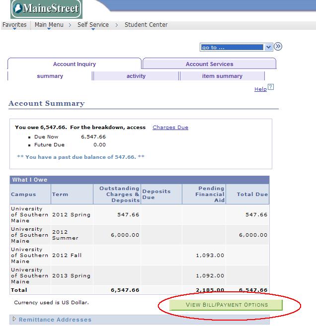2. On the Account Summary page, charges and deposits due, if any, will display along with Pending Financial Aid.