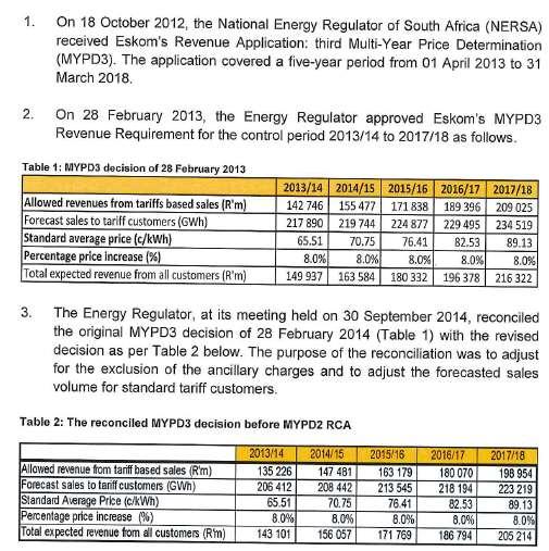 MYPD3 2014/15 RCA Submission to NERSA 10 May 2016 Page 29 of 147 Source: NERSA s reasons for decision on Eskom s Regulatory Clearing Account Balance- Third Multi Year price determination (MYPD3) Year