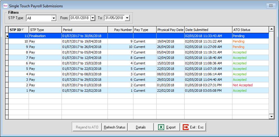 The Single Touch Payroll Submissions window displays all pays that the system has generated STP data for: From this window, you can: Manually submit STP data to the ATO (see page 12) View the details