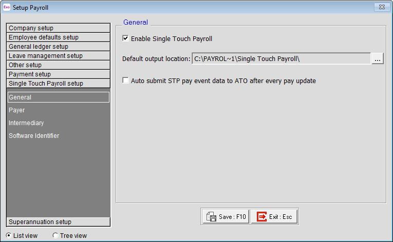 General Settings The General sub-section lets you activate STP and specify where output files should be generated: If the Auto submit STP pay event data to ATO after every pay update option is