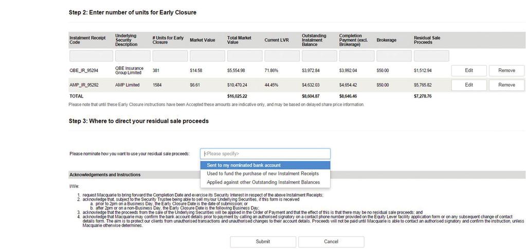 Step 3 Where to direct your residual sale proceeds Select one of the three options for your residual sales proceeds from the drop down list.