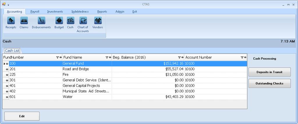 CTAS User Manual 6-3 Cash Control: Reconciling the Bank Statement Deposits in Transit You can reconcile your bank statement in the Cash Control section.