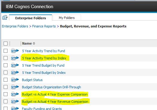 Checking Budget Data for Reasonability There are several reports in Enterprise Reports > Finance Reports > Budget, Revenue and