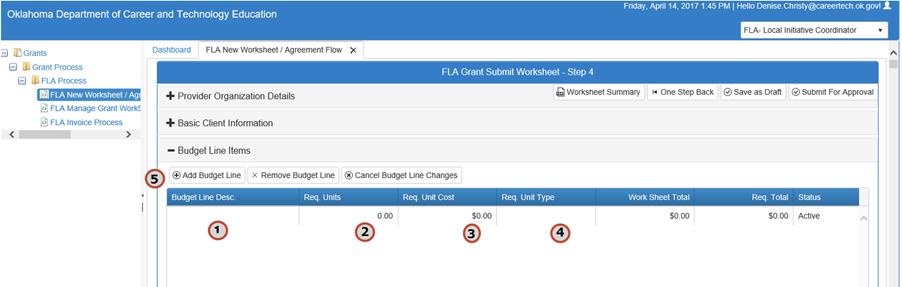 Star ng a New Worksheet Step 11: On the Budget Line Items screen, you can click the Add Budget Line, Remove Budget Line, or Cancel Budget Line Changes. 1. Type a Budget Line Desc (Budget Line Description).