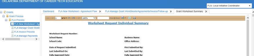If you need to make any changes, use the FLA Manage Grant Worksheet/Agreement to go