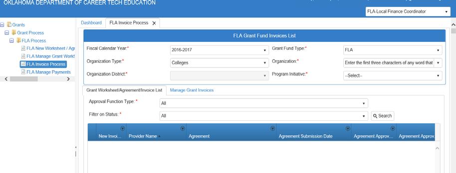 Invoicing for Reimbursement Step 6: Select FLA Invoice Process. Step 7: Complete the requested information on this screen.