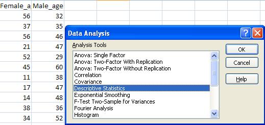 Excel Data Analysis ToolPak Data set: