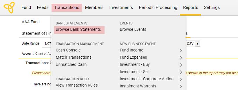 Bank Statement Extract In addition to exporting the above, you may wish to extract a CSV file to capture any current year entries for a bank