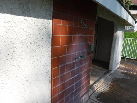 Comp #: 1215 Pool Shower - Refurbish Quantity: (1) Shower Location: Pool area Evaluation: The pool shower is functional but aged with a large area of discoloration.