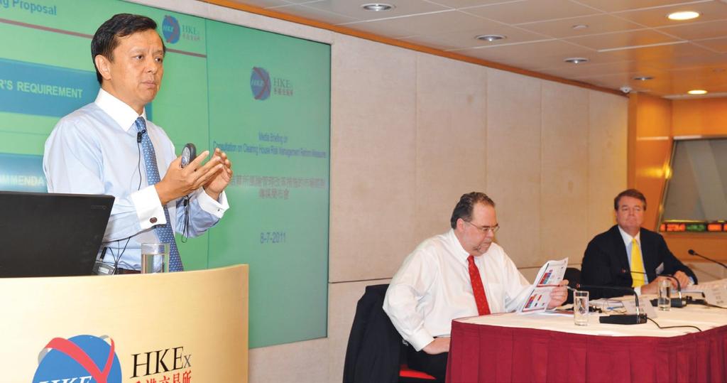HKEx s Chief Executive, Charles Li (left) is joined by Chief Operating Officer, Gerald Greiner (centre), and Head of Risk Management, Kevin King (right), at a media briefing on the Consultation Paper