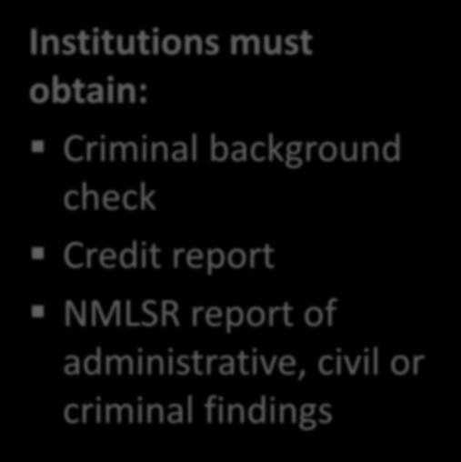 Train employees Institutions must obtain: Criminal background check