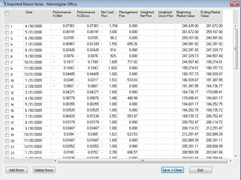 From the Account window, click on the Imported Return Series page. 4. From the toolbar above the spreadsheet area on the Imported Return Series page, click the Edit Performance icon.