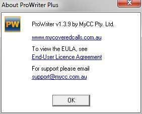 Help: menu opens the About Box displaying links to the ProWriter Plus web site and email link to ProWriter Plus Support. Please email support@mycc.com.au for help with ProWriter Plus software.