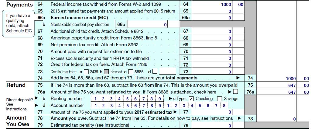 Just work through the lines one by one. Most people will claim a standard deduction on line 40. Line 44 is a bit tricky.