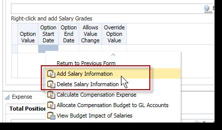 13. Right-click on any cell in the Position Details section and choose Add Salary Information to add a new salary admin plan. 14.