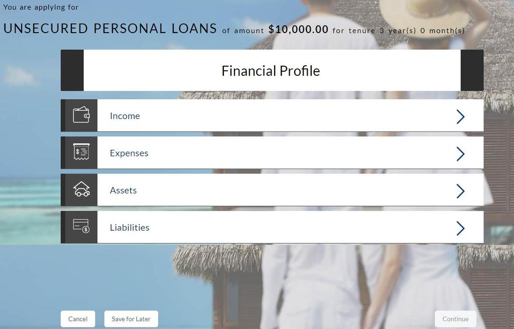 2.10 Financial Profile This page comprises of multiple sections in which you can enter your financial details in the form of income, expenses, assets and