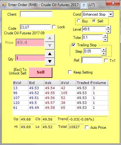 8.0 Order Ticket Trailing Stop Order To place a Trailing Stop order: 1 Follow Step 1 from previous slide to open order ticket: 2 Select Enhanced Stop at Cond tab dropdown list.