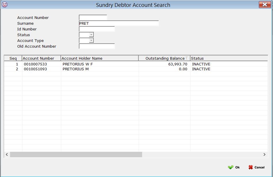 Search Screen - The Account Search enables you to enter in any information relevant to the account and search for the