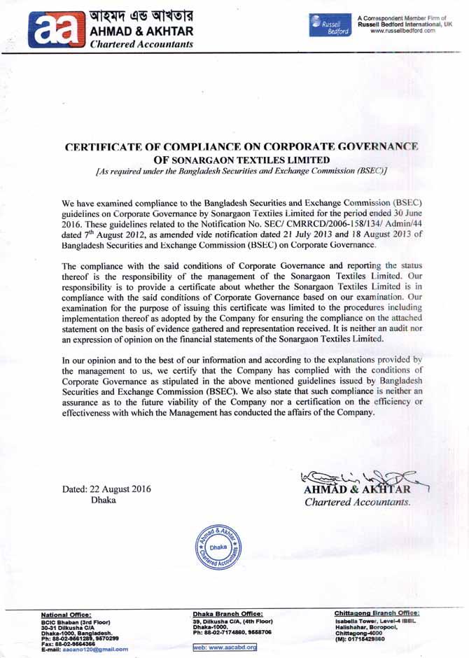 Annual Report Certificate on Compliance with the Conditions of Corporate Governance Guidelines [As required under the Bangladesh Securities and Exchange Commission (BSEC)] TO MEMBERS OF SONARGAON