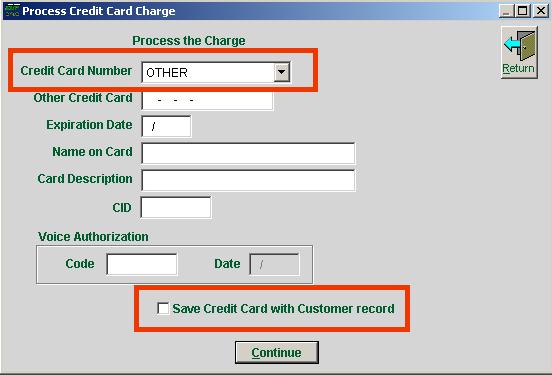 If you want to save this permanently in the customers file then select Save Credit Card with Customers record If you have the CID number enter it.