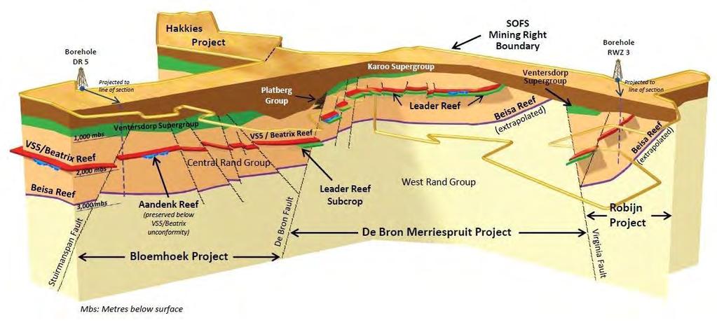 Schematic of potential projects and geology Mining from 1300 metres to 2500 metres below surface