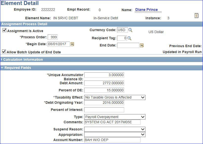 Identifying In-Service Debts, Continued 3 The Required Fields drop-down shows the Unique Accumulator/Instance Number for that debt, the total Debt Amount due, the Percent of Deductible Earnings