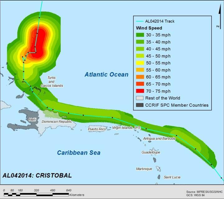 CCRIF SPC Annual Report 2014-2015 Page 24 Tropical Cyclone Cristobal On 23 August 2014, the NHC produced a weather outlook on the development of a tropical depression over the Turks & Caicos Islands.