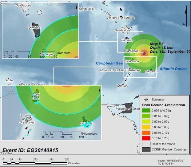 CCRIF SPC Annual Report 2014-2015 Page 33 Eastern Caribbean Earthquake September 2014 A magnitude 5.4 earthquake occurred at 21:09:08 UTC (17:09:08 local time) on 15 September 2014 east of Martinique.