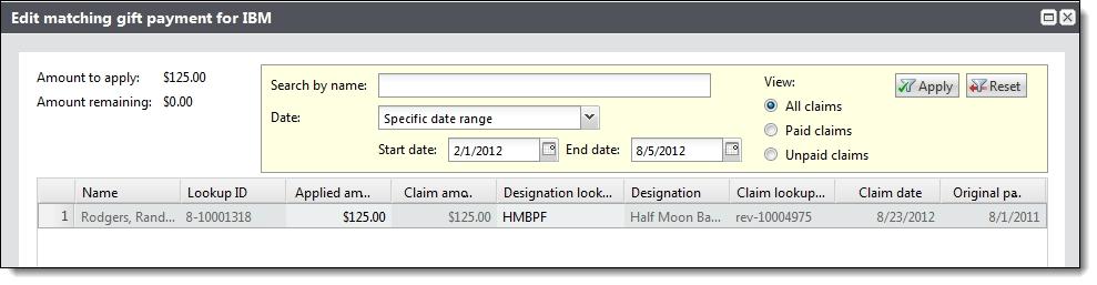 PA YM ENTS 115 Edit a Matching Gift Payment After you add a payment, you can edit the portion that is applied to matching gift claims on the Edit matching gift payment screen.