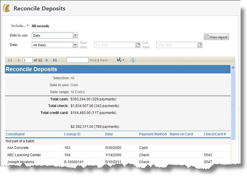 REVENUE REP ORTS 330 Note: If your organization uses site security, the amounts that appear in the Reconcile Deposits report include only revenue associated with the sites the user who generates the