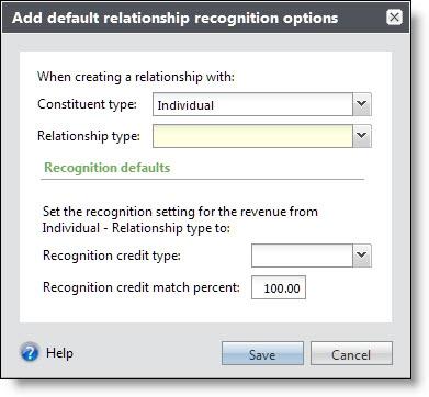 REVENUE CONFIGURA TION 37 Add a default relationship recognition option 1. From Revenue, click Recognition settings under Configuration. The Recognition Settings page appears. 2.