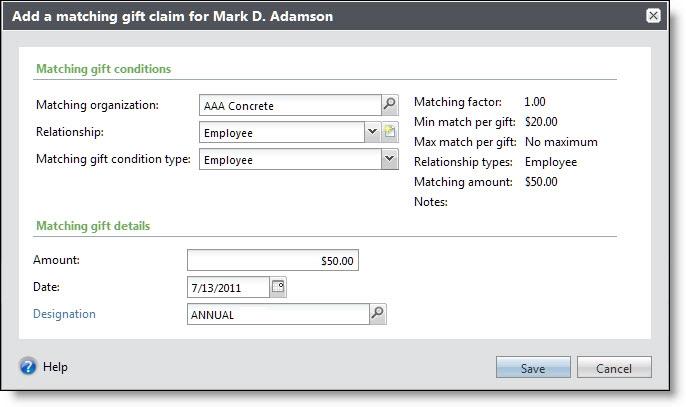 ADD REVENUE 65 4. Under Matching gift conditions, search for and select the matching organization to associate with the claim.