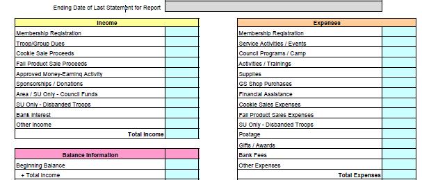 The council provides an Excel worksheet that is laid out like a bank account register that so can assign income and expense categories as you record the information.