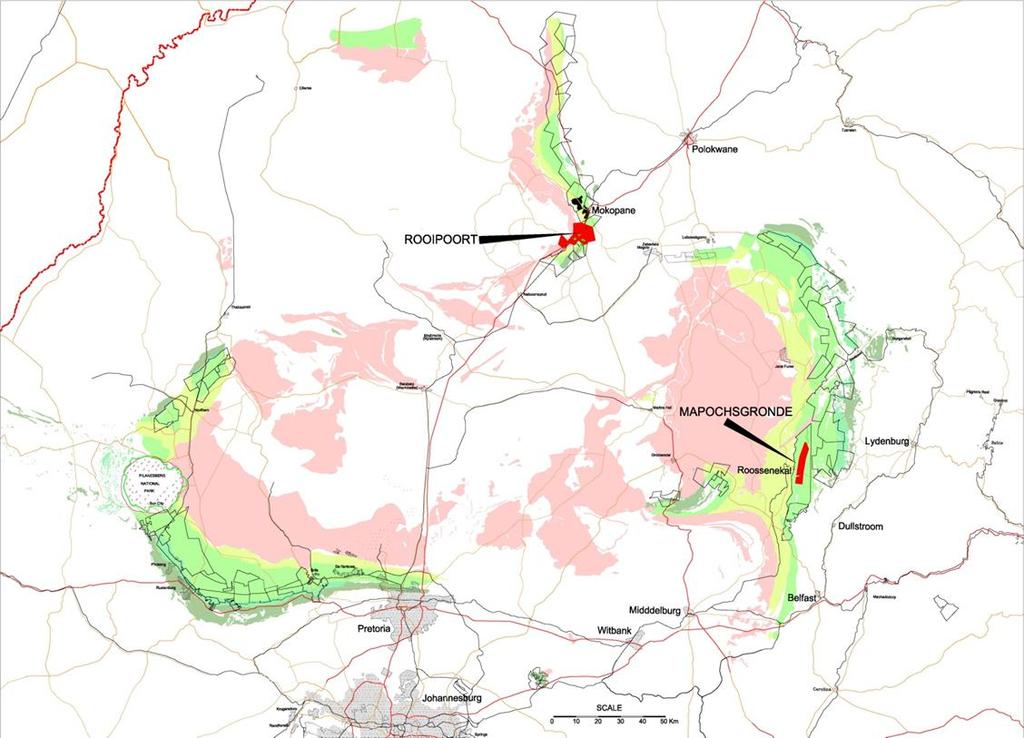 South African PGE Location Caledonia holds prospecting licences for two early-stage PGE exploration projects Rooipoort on the Northern Limb of the Bushveld Igneous