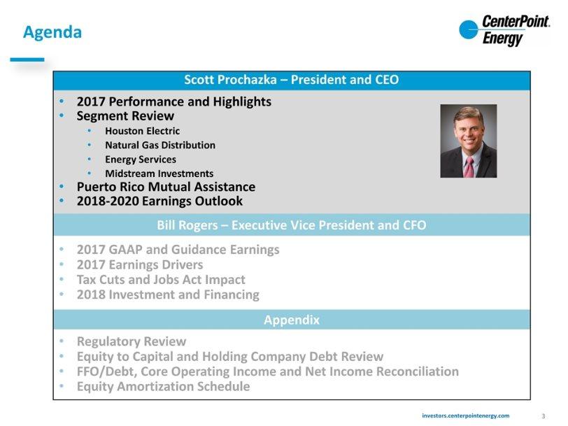 Agenda Scott Prochazka President and CEO 2017 Performance and Highlights Segment Review Houston Electric Natural Gas Distribution Energy Services Midstream Investments Puerto Rico Mutual Assistance